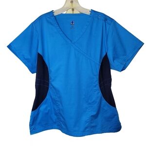 Maevn V-neck Scrub Top Side Stretch Panels Blue & Black Size Large